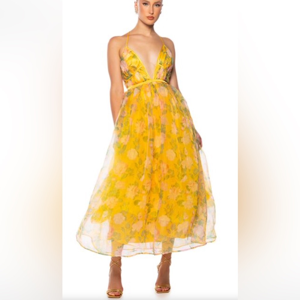 Yellow Floral Tulle Midi Dress